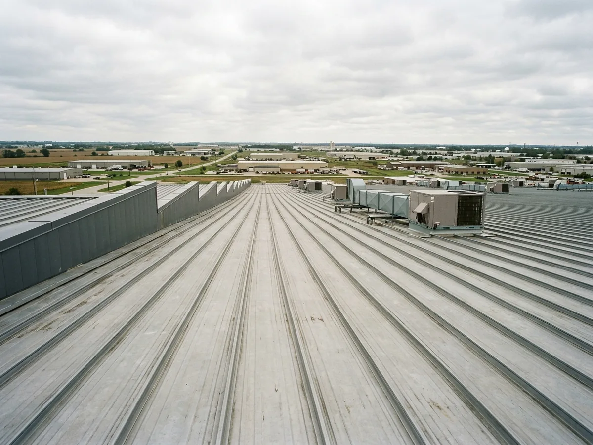 Long grey structural standing seam panels running over a low-slope warehouse roof with mechanically seamed ribs