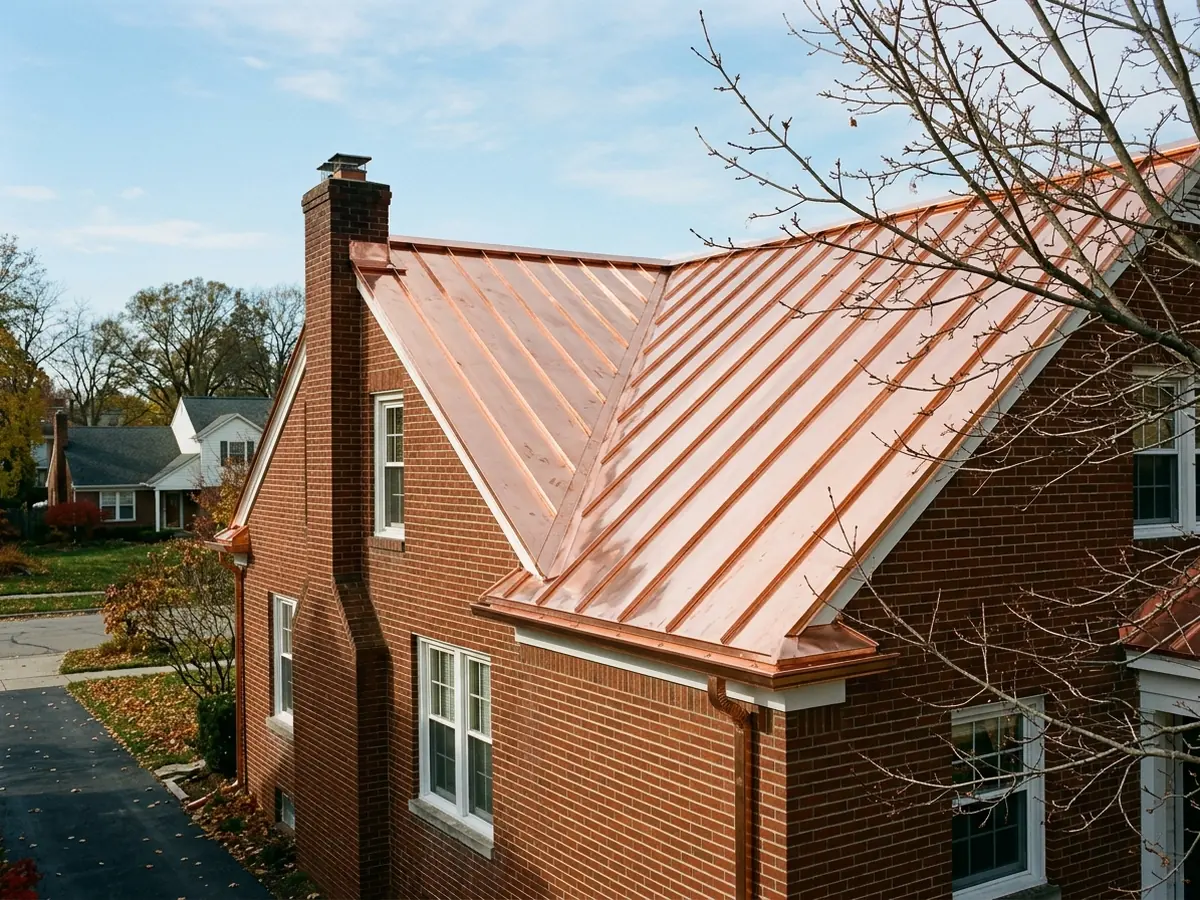Copper standing seam roof with raised seams running from ridge to eave above a brick wall