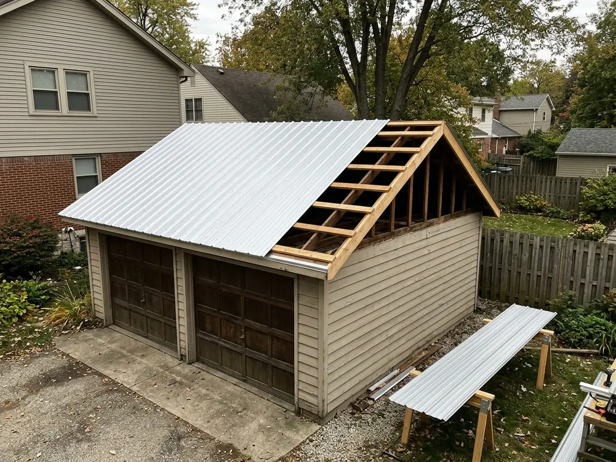 Detached two-car garage half covered in new silver ribbed steel panels, purlins showing on the open side
