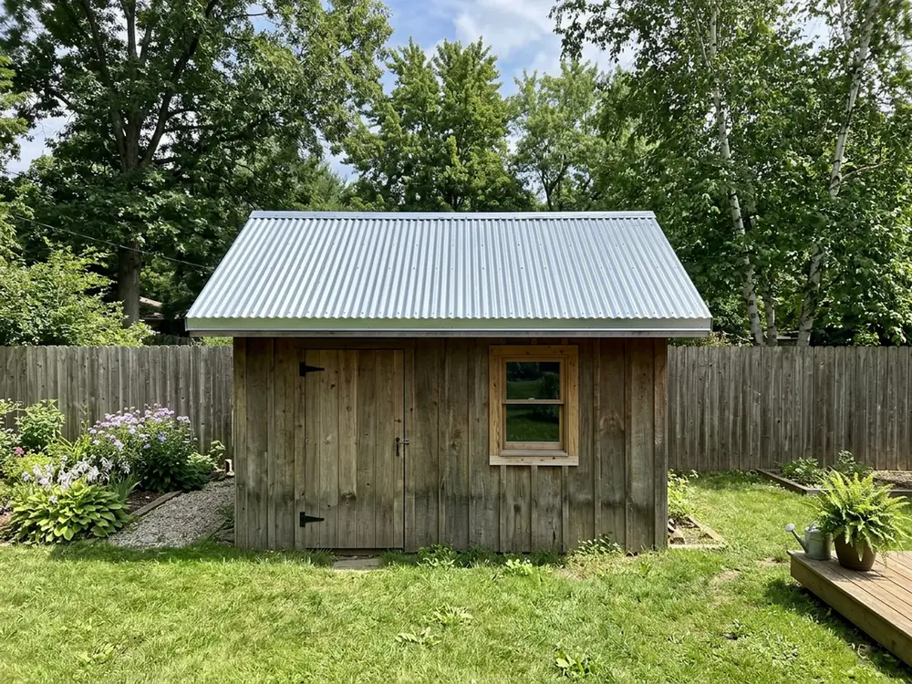 Silver corrugated steel roof panels with round waves on a low outbuilding roof, rows of screws along the purlin lines