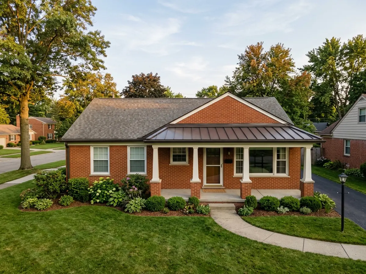 Brick ranch house with a dark bronze standing seam metal roof over the front porch and grey asphalt shingles on the main roof