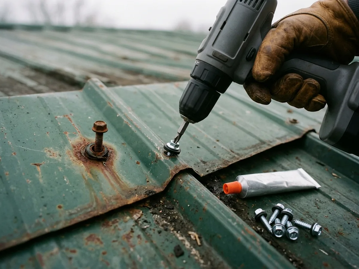 Gloved hand driving a new gasketed screw next to a rusted, backed-out screw on a green ribbed metal roof