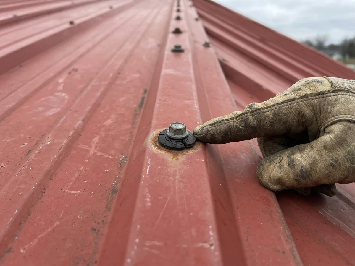 Gloved hand pointing at a cracked rubber washer under a screw head on a weathered red ribbed metal roof