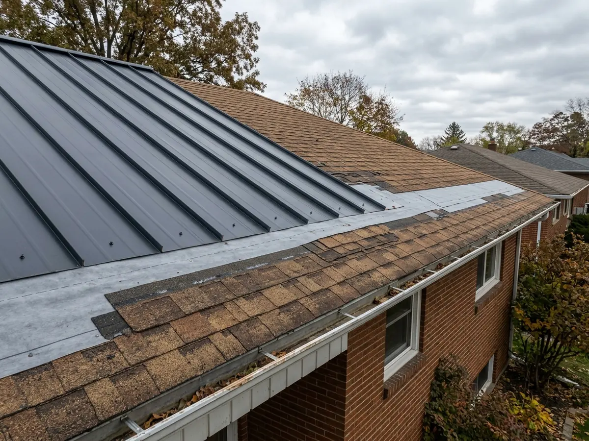 New dark grey standing seam panels being laid over an old layer of brown asphalt shingles, one course of shingles still showing at the eave