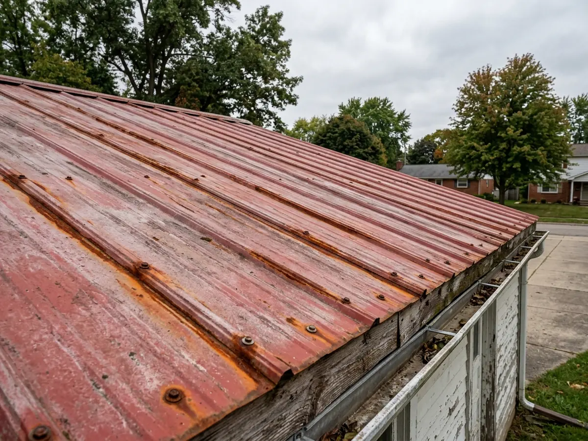 Old ribbed steel roof with orange rust along the panel laps and around rows of screws, seen from the eave