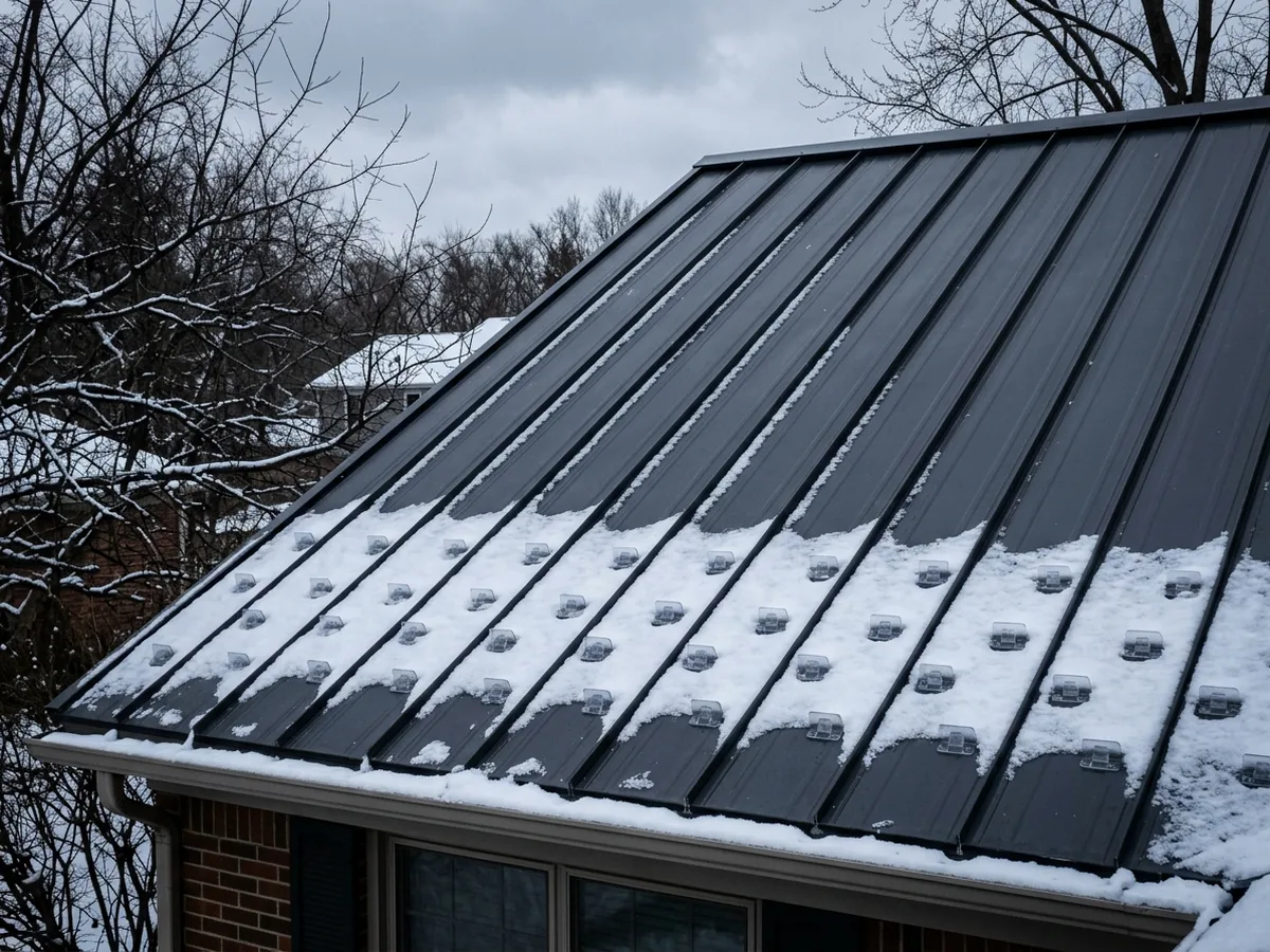 Small clear snow guard pads set in a staggered grid across a dark grey standing seam roof