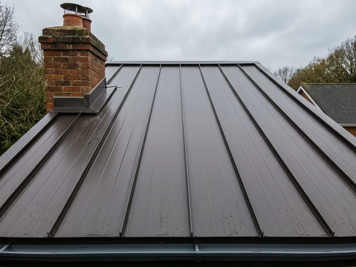 Dark bronze standing seam metal roof running up to the ridge, with metal flashing around a brick chimney