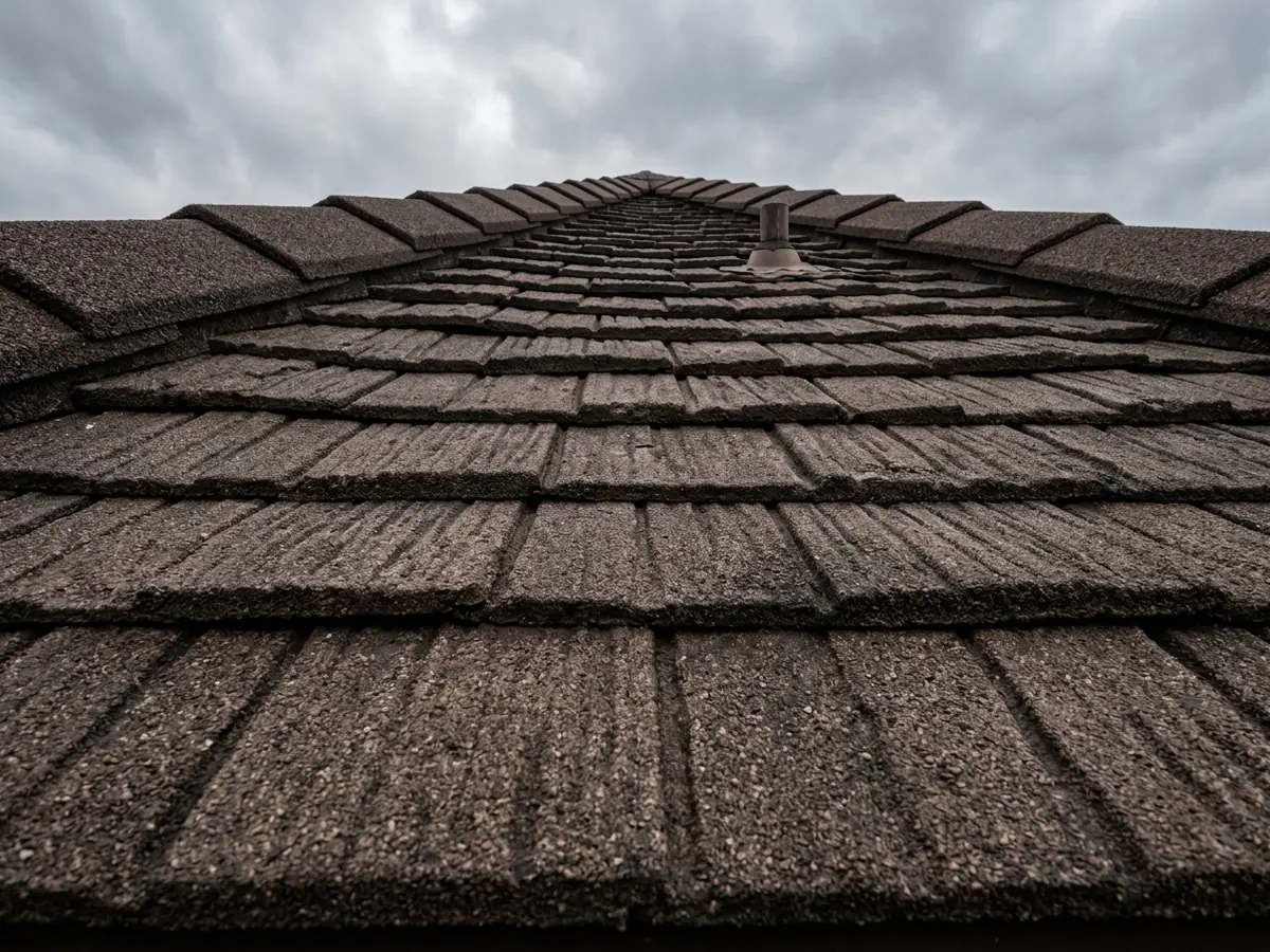 Brown stone-coated steel shake panels in overlapping rows up to the ridge cap